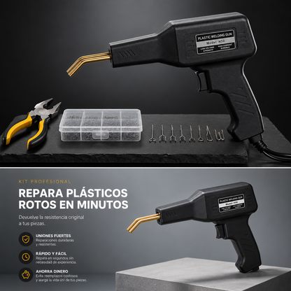 Kit Profesional de Reparación de Plásticos para Autos | Pistola Soldadora con Grapas Calientes