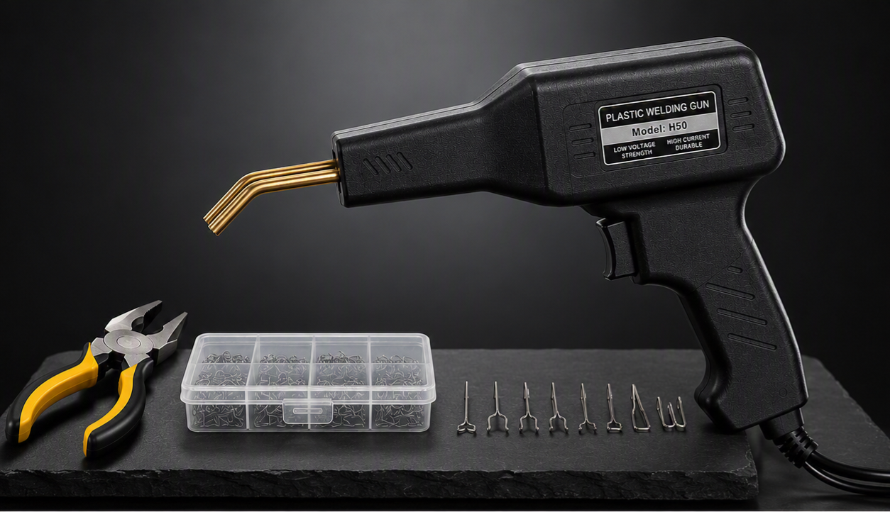 Kit Profesional de Reparación de Plásticos para Autos | Pistola Soldadora con Grapas Calientes